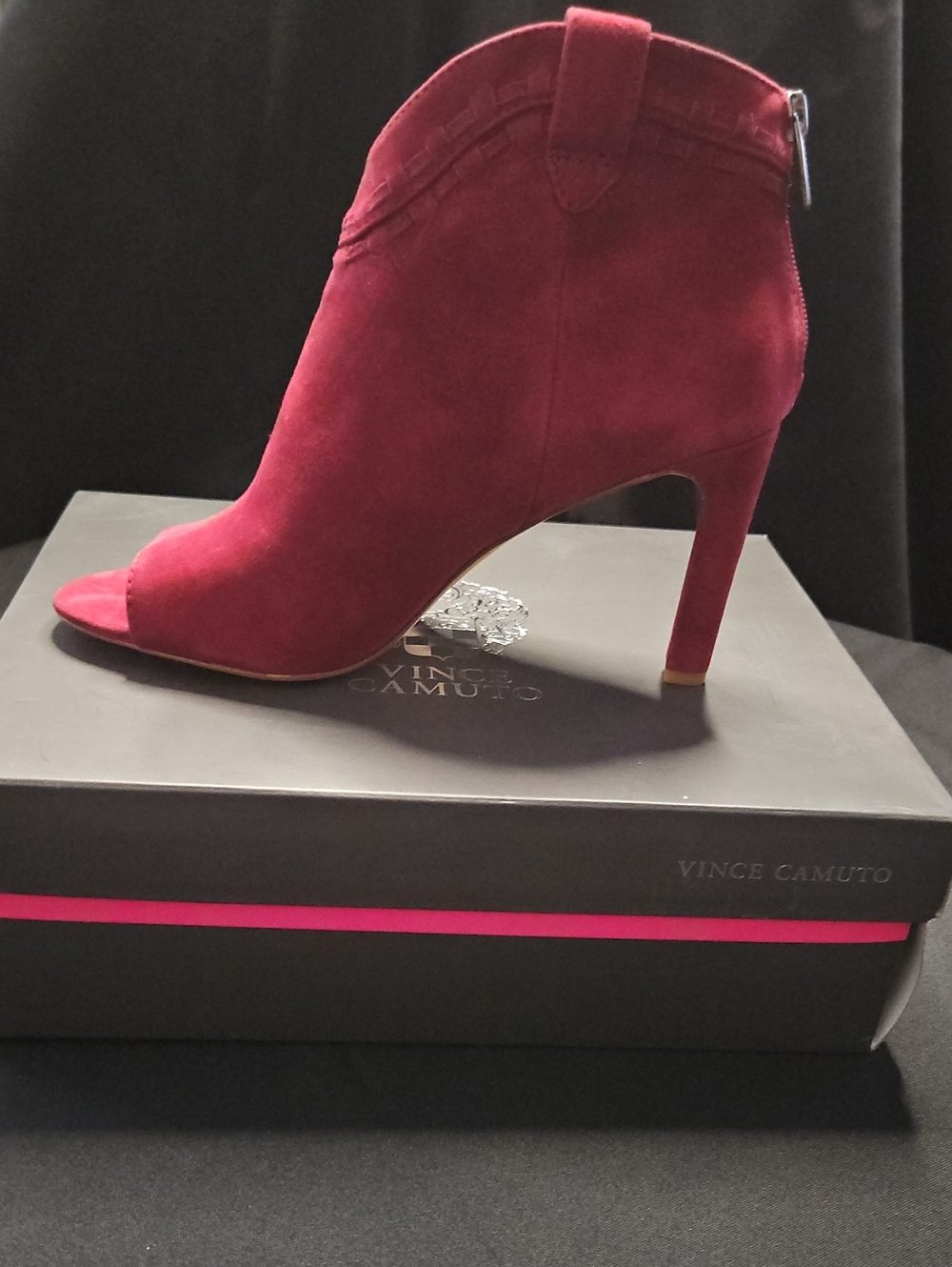 Vince Camuto Burgundy Suede Peep-Toe Ankle Bootie